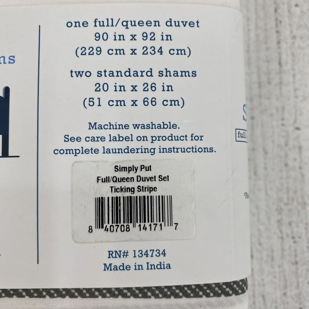 Simply Put Duvet Set FULL/QUEEN White Gray Ticking Stripe 100% Cotton Crisp